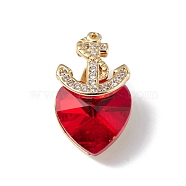 Real 18K Gold Plated Rack Plating Brass Micro Pave Clear Cubic Zirconia Pendants, with Glass, Long-Lasting Plated, Cadmium Free & Lead Free, Boat Anchor & Heart Charm, Red, 20x12x9mm, Hole: 6x2.5mm(KK-C015-07G-11)