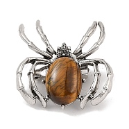 Natural Tiger Eye Brooches, with Alloy Findings, Spider, Antique Silver, 37x34x8mm(G-A224-01AS-02)