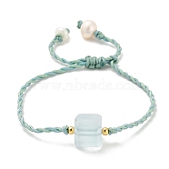 Natural Aquamarine Bracelets, with Sterling Silver Beads and Pearl Beads, Real 18K Gold Plated, Inner Diameter: 7/8~1-3/4 inch(2.2~4.5cm)(BJEW-E098-02G)