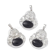 Natural Obsidian Pendants, Buddha Charms, with Platinum Tone Rack Plating Brass Findings, Cadmium Free & Lead Free, 39x32x9.5mm, Hole: 8x4.5mm(G-H283-01R)
