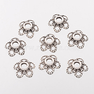 Antique Silver Tone Alloy Flower Bead Caps, Fancy Bead Caps, 5-Petal, Lead Free & Cadmium Free, about 11.2mm in diameter, hole: about 2mm(X-AA484)