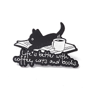 Word Life Is Better with Coffee Cat and Books Enamel Pin, Teachers' Day Alloy Badge for Backpack Clothes, Electrophoresis Black, White, 24x35x1.5mm, Pin: 1mm(JEWB-H008-10EB)