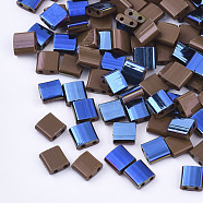 2-Hole Glass Seed Beads, Half Blue Plated Colours, Square, Coconut Brown, 5x4.5~5.5x2~2.5mm, Hole: 0.5~0.8mm, about 118pcs/10g(X-SEED-S031-L-046-L)