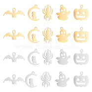20Pcs 10 Style 304 Stainless Steel Charms, Laser Cut, for Halloween, Mixed Shape, Golden & Stainless Steel Color, 12~16x7~11.5x1.1mm, Hole: 0.8~1.4mm, 2pcs/style(STAS-DC0008-11)