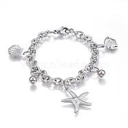 304 Stainless Steel Charm Bracelets, Starfish/Sea Stars, Stainless Steel Color, 7-1/2 inch(190mm)x6mm(BJEW-G544-05P)