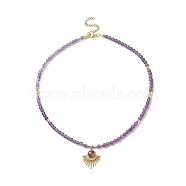 Natural Amethyst Beaded Necklaces, 304 Stainless Steel Fan Pendant Necklaces with Lobster Claw Clasp & Chain Extender for Women, 16-3/4 inch(42.5cm)(NJEW-JN04226-05)