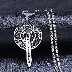 304 Stainless Steel Runes Shield Longsword Pendant Box Chain Necklaces for Women, Antique Silver, 19.61 inch(49.8cm)(NJEW-S440-07AS)