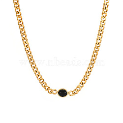 Golden Stainless Steel Oval Pendant Necklace Curb Chains, Black, no size(SU2397-1)