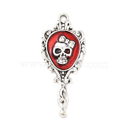 Alloy Enamel Pendants, Antique Silver, Magic Mirror with Skull Charm, Red, 35x15x3mm, Hole: 2mm(PALLOY-Q450-03AS)