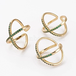 Brass Micro Pave Cubic Zirconia Cuff Rings, Open Rings, Criss Cross Rings, Double Rings, X Rings, Long-Lasting Plated, Golden, Green, US Size 7 1/4(17.5mm)(RJEW-C101-13G-E)