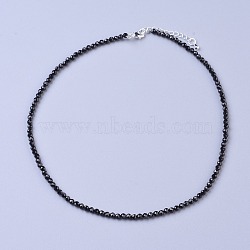 Natural Black Spinel Beaded Necklaces, with Brass Lobster Claw Clasps, Faceted Round Beads, 16.5 inch~16.7 inch(42~42.5cm)x2mm(NJEW-K114-A-A20)