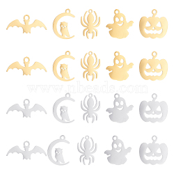20Pcs 10 Style 304 Stainless Steel Charms, Laser Cut, for Halloween, Mixed Shape, Golden & Stainless Steel Color, 12~16x7~11.5x1.1mm, Hole: 0.8~1.4mm, 2pcs/style(STAS-DC0008-11)