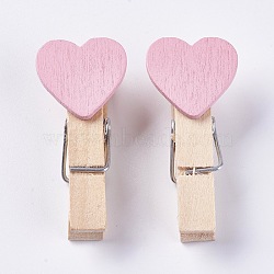 Wooden Craft Pegs Clips, Heart, Spray Paint, Clothespins, Paper Note Photo Holder, Pink, 37~40x17~18x11~13mm, 10pcs/bag(WOOD-WH0005-B02)