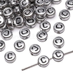 50Pcs Silver Plating Acrylic Beads, Alphabet Beads, Flat Round with Letter, Letter C, 7x4mm, Hole: 1mm(PW-WG2E8AD-24)