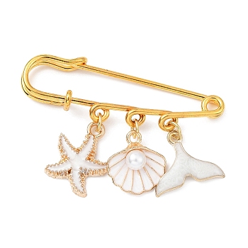 Marine Theme Pendant Alloy Enamel Brooches, Golden Iron Kilt Pins for Women, Starfish & Shell & Fishtail, White, 36.5x50x5.5mm