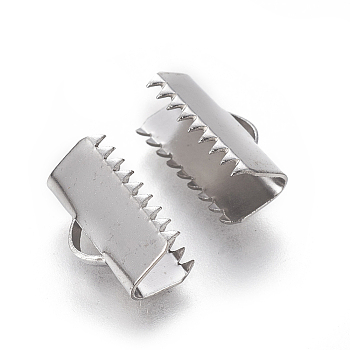 304 Stainless Steel Ribbon Crimp Ends, Rectangle, Stainless Steel Color, 7.5x13mm, Hole: 1.2mm
