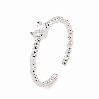 Clear Cubic Zirconia Heart Open Cuff Ring, Brass Jewelry for Women, Platinum, Inner Diameter: 17mm