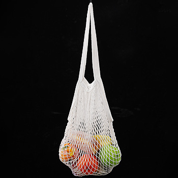 Cotton Woven Mesh Handle Tote Bag, Portable Reusable Grocery Bags, White, 40x35cm, Handle: 550mm long