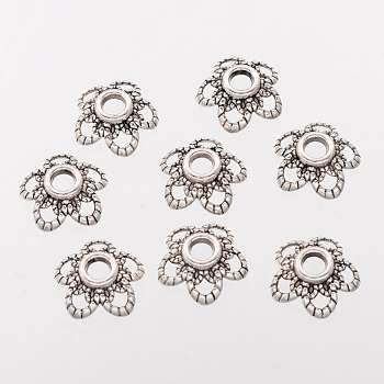 Antique Silver Tone Alloy Flower Bead Caps, Fancy Bead Caps, 5-Petal, Lead Free & Cadmium Free, about 11.2mm in diameter, hole: about 2mm