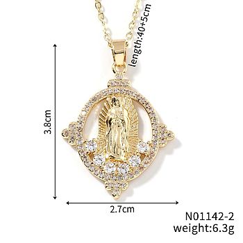 Brass Cubic Zirconia Hollow Oval Design Virgin Mary Pendant Exquisite Necklaces, Golden, Clear, 15.75 inch(40cm)