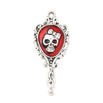 Alloy Enamel Pendants, Antique Silver, Magic Mirror with Skull Charm, Red, 35x15x3mm, Hole: 2mm