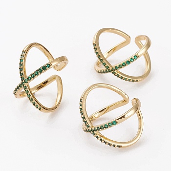 Brass Micro Pave Cubic Zirconia Cuff Rings, Open Rings, Criss Cross Rings, Double Rings, X Rings, Long-Lasting Plated, Golden, Green, US Size 7 1/4(17.5mm)