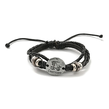 PU Imitation Leather Braided Cord Bracelets, Alloy Links Bracelets, Capricorn, Inner Diameter: 2-1/4~3-3/4 inch(5.7~9.5cm)