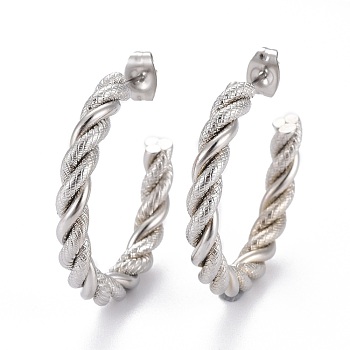201 Stainless Steel Half Hoop Earrings, Hypoallergenic Earrings, with 304 Stainless Steel Pins and Ear Nut, Twisted, Textured, Ring, Stainless Steel Color, 30.5x4mm, Pin: 0.5mm