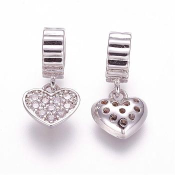 Brass Micro Pave Cubic Zirconia European Dangle Charms, Heart, Platinum, 17.5mm, Hole: 5mm