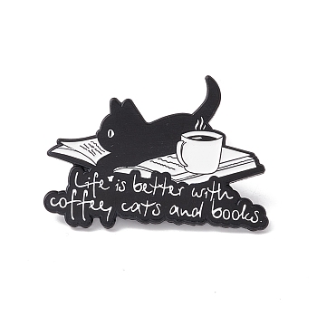 Word Life Is Better with Coffee Cat and Books Enamel Pin, Teachers' Day Alloy Badge for Backpack Clothes, Electrophoresis Black, White, 24x35x1.5mm, Pin: 1mm