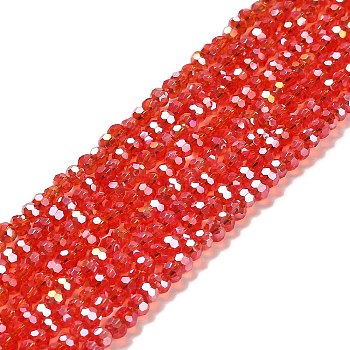 Transparent Glass Beads, 32 Facets, AB Color Plated, Round, Red, 3.5x3mm, Hole: 1mm, about 168~169pcs/strand, 19.09''(48.5cm)