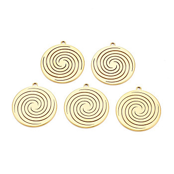 Ion Plating(IP) 201 Stainless Steel Pendants, Flat Round with Vortex, Nickel Free, Real 18K Gold Plated, 30x27x1.5mm, Hole: 2mm