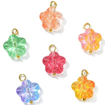 30Pcs 5 Colors Handmade Lampwork Charms, with Golden 304 Stainless Steel Loops, Plum Blossom Flower Charms, Mixed Color, 18x12.5x5mm, Hole: 3mm, 6Pcs/color