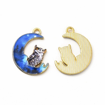 Alloy Printed Pendants, Cadmium Free & Nickel Free & Lead Free, Moon With Owl, Blue, 20.5x16x1.5mm, Hole: 1.5mm