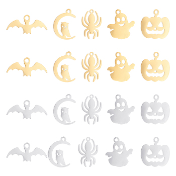20Pcs 10 Style 304 Stainless Steel Charms, Laser Cut, for Halloween, Mixed Shape, Golden & Stainless Steel Color, 12~16x7~11.5x1.1mm, Hole: 0.8~1.4mm, 2pcs/style