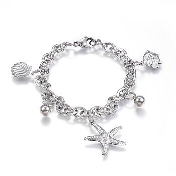 304 Stainless Steel Charm Bracelets, Starfish/Sea Stars, Stainless Steel Color, 7-1/2 inch(190mm)x6mm