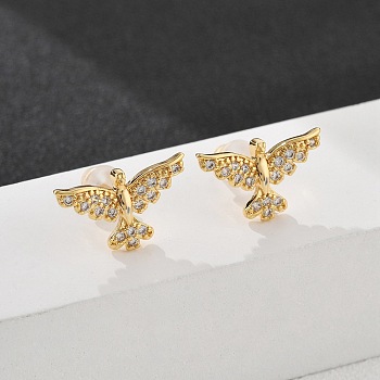 Eagle Brass Micro Pave Clear Cubic Zirconia Stud Earrings, with Silicone Earplugs, Long-Lasting Plated, Real 18K Gold Plated, 8.5x14.5mm