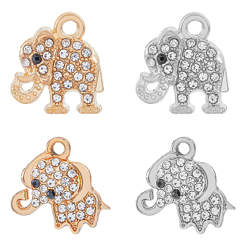 32Pcs 4 Style Alloy Rhinestone Pendants, Elephant, Platinum & Light Gold, 17x15~17x3mm, Hole: 2mm, 8Pcs/style