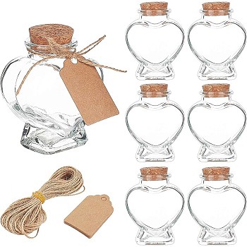 DIY Heart Shape Transparent Glass Bottles Kits, Wishing Bottles, with Cork Stoppe, with Jute Twine, 2-Ply and Paper Price Tags, Hang Tags, Clear, 73x60mm