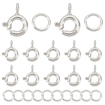 12Pcs 925 Sterling Silver Spring Ring Clasps, with 12Pcs Open Jump Rings, Silver, 9x6x1.5mm, Hole: 3mm