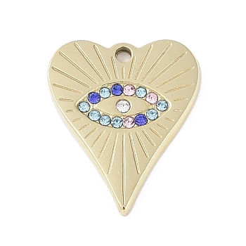 304 Stainless Steel Pendants, with Rhinestone, Real 14K Gold Plated, Heart with Eye Charm, Colorful, 18x15x1.5mm, Hole: 1.6mm