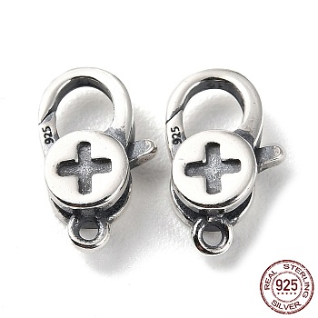 925 Thailand Sterling Silver Lobster Claw Clasps, Cross, with 925 Stamp, Antique Silver, 13x7.5x4mm, Hole: 1.2mm