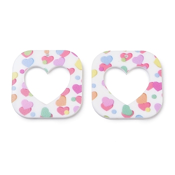 Printed Opeque Acrylic Pendants, Square with Heart, Colorful, 34.5x34.5x2.5mm, Hole: 1.5mm