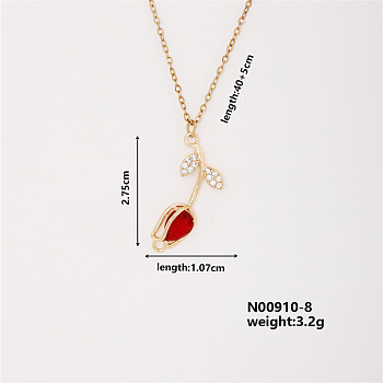 Elegant Vintage Tulip Brass Micro Pave Cubic Zirconia Pendant Necklaces, Cable Chains Necklaces for Women, Red, 15.75 inch(400mm)