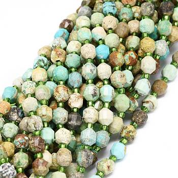 Natural Turquoise Beads Strands, with Seed Beads, Faceted, Bicone, Double Terminated Point Prism Beads, 5~7x6mm, Hole: 0.8mm, about 48pcs/strand, 15.55 inch(39.5cm)