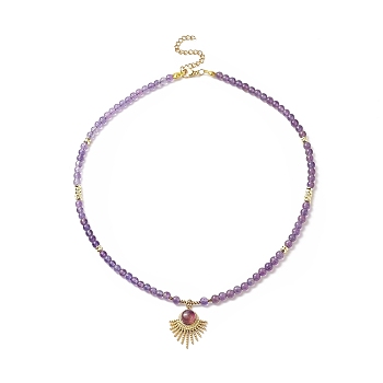 Natural Amethyst Beaded Necklaces, 304 Stainless Steel Fan Pendant Necklaces with Lobster Claw Clasp & Chain Extender for Women, 16-3/4 inch(42.5cm)