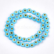 Handmade Evil Eye Lampwork Beads Strands, Flat Round, Sky Blue, 7.5x3mm, Hole: 1mm, about 48pcs/strand, 13.7 inch~14.9 inch(LAMP-S191-02B-14)