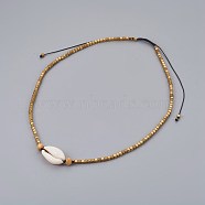 Adjustable Electroplate Non-magnetic Hematite Beaded Necklaces, with Cowrie Shell and Wood Beads, Nylon Cord, Gold, 17.7~25.6 inch(45~65cm)(NJEW-JN02302)