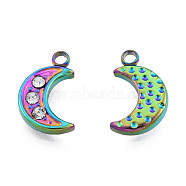 304 Stainless Steel Charms, with Crystal Rhinestone, Moon, Rainbow Color, 12x7.5x2mm, Hole: 1.5mm(STAS-N098-153M)