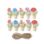 Flower Theme Wooden & Iron Clothes Pins, with Hemp Rope for Hanging Note, Photo, Clothes, Office School Supplies, Mixed Color, Clip: 39~40x16~23x11~12.5mm, 10pcs, Rope: 1400~1450x1.5mm, 1 bundle(AJEW-H137-05)